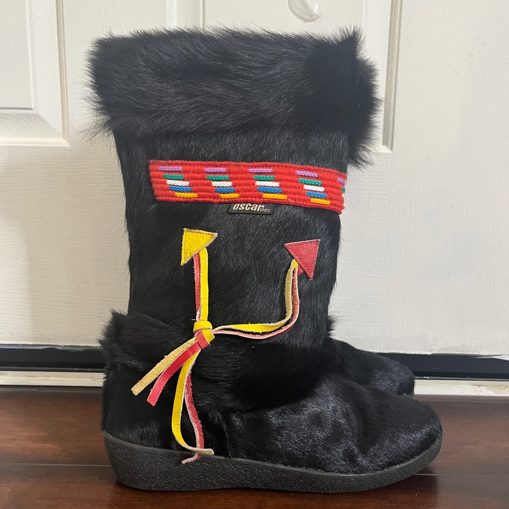 Oscar Sport Pony Hair Fur Boots Womens‎ 40 Black Excellent Apres Ski Italy Boho